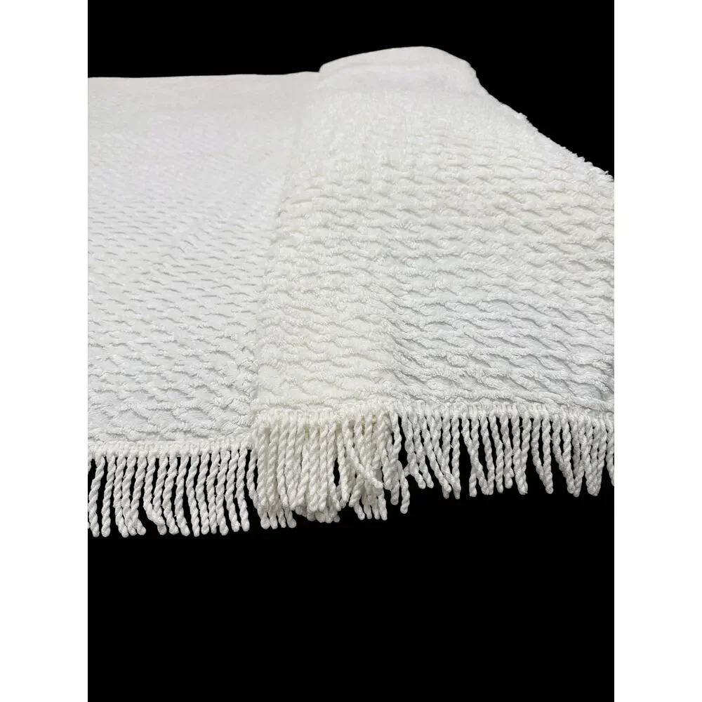 Vintage White Chenille Bedspread Queen Size 82x104 Crosshatch Fringe Cotton MCM